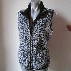 Black white leopard print vest. Fleece, reversable, zipup w pockets. Laura Scott